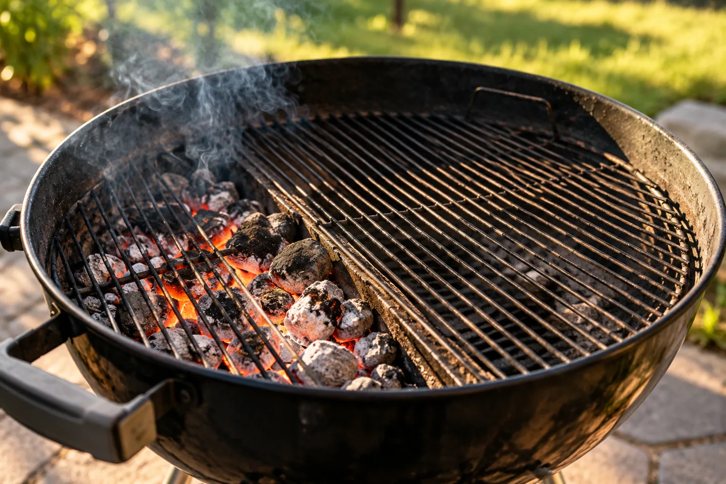 Illustrative kettle charcoal grill with a direct-coal zone and an empty indirect zone