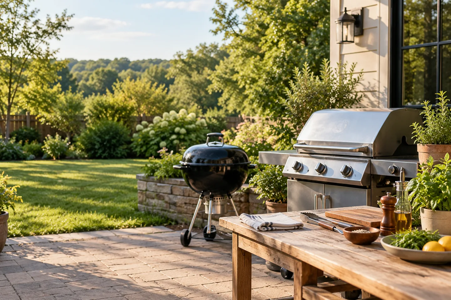 Illustrative backyard patio arranged with an outdoor gas grill, charcoal kettle and work table