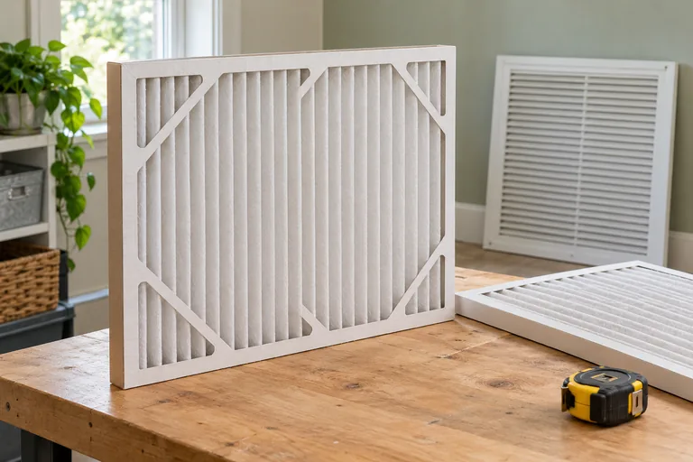 Pleated home air filters and a tape measure on a workbench