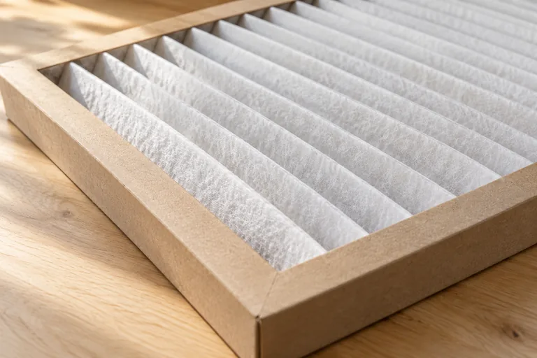 Close view of the pleated material and frame of a home air filter