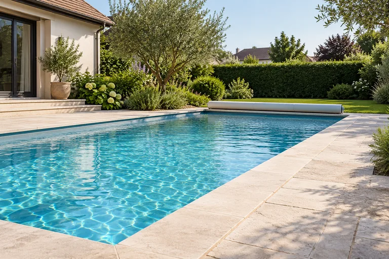 A residential swimming pool beside a home and planted garden