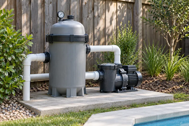 A closed pool filter and circulation pump on an equipment pad