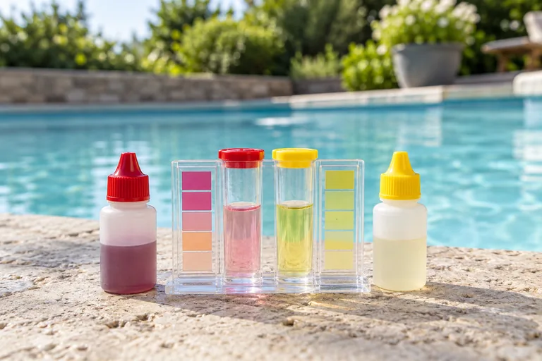 A pool water test kit on the coping beside a swimming pool