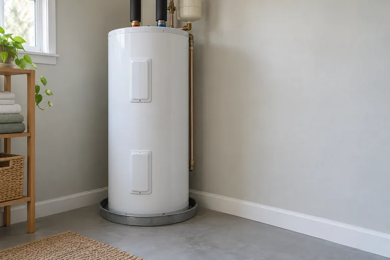 An electric storage water heater in a home utility room