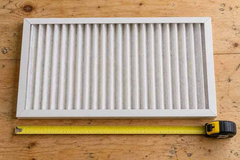 A pleated air filter beside a tape measure on a wooden table