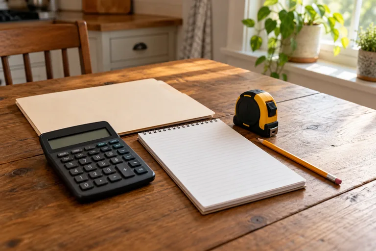 A calculator, notebook and tape measure for planning replacement costs
