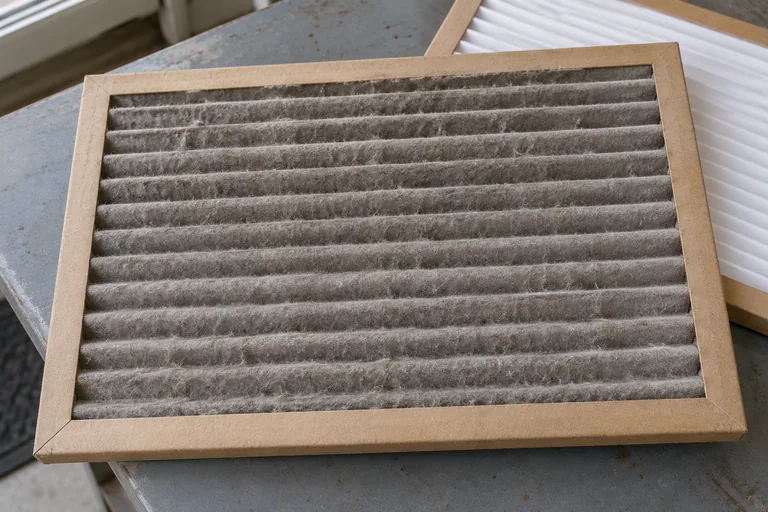 A dusty pleated air filter on a household utility table