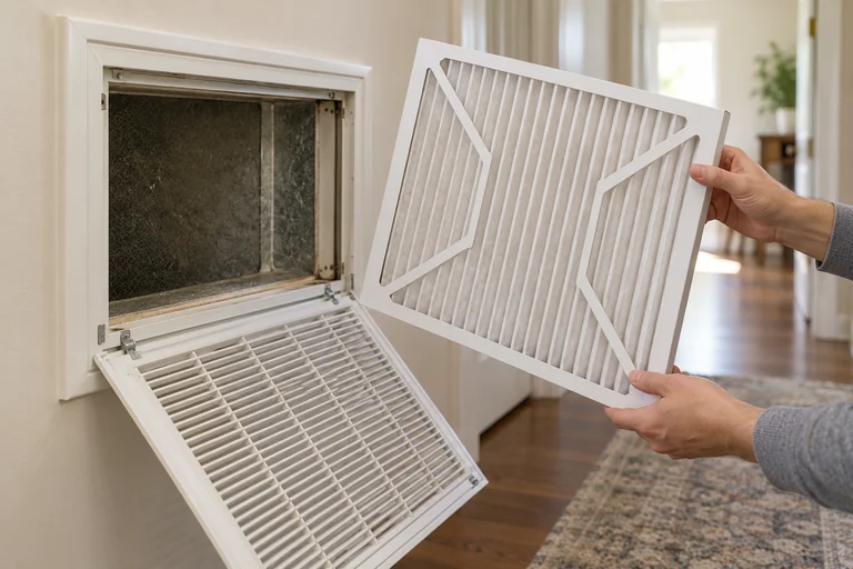 Hands holding a pleated filter beside an open return-air filter grille