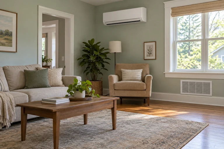 A living room with a wall-mounted indoor heating and cooling unit and return-air grille
