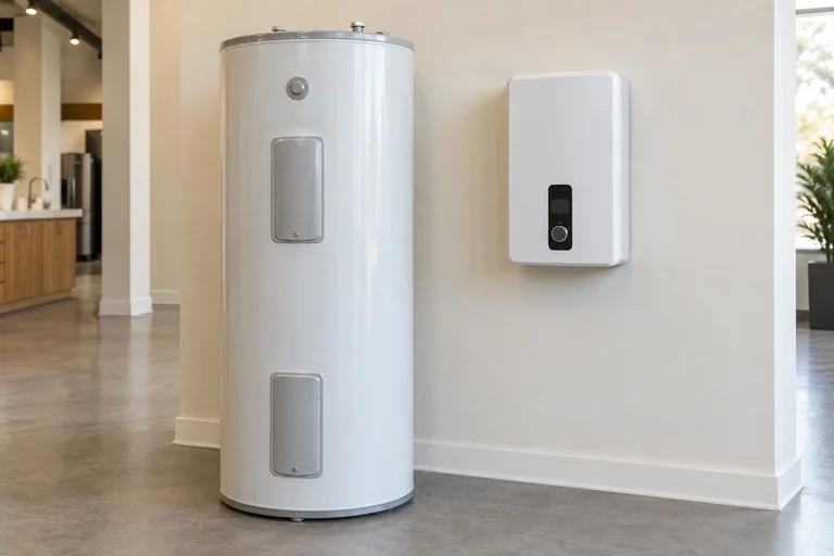 Illustrative showroom display of storage and tankless water heaters