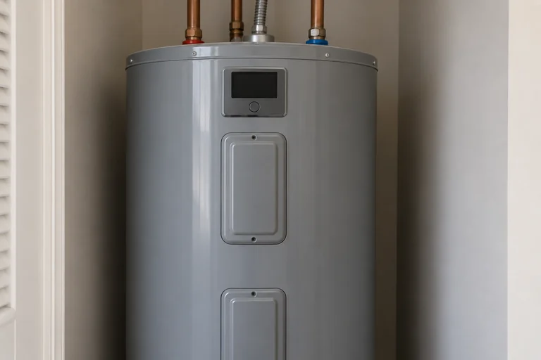 Closed service panels and control display on a storage water heater