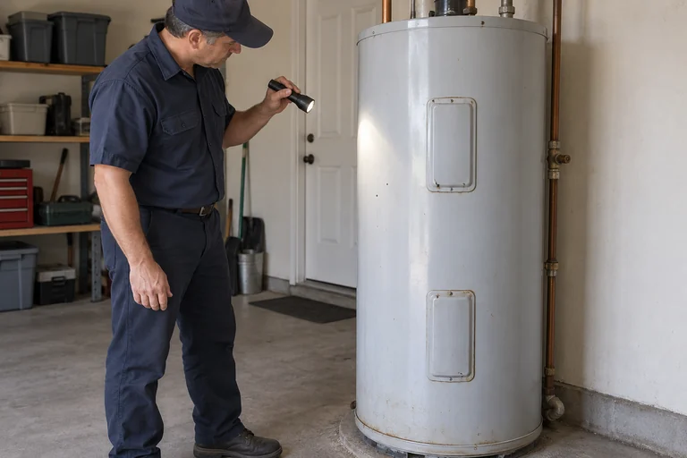 Illustration of a technician inspecting the exterior of a storage water heater