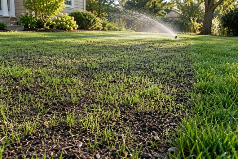 New grass establishing across a seeded lawn while a sprinkler irrigates the area