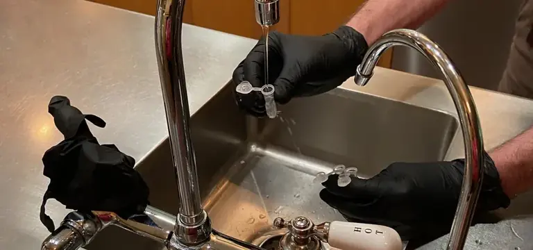 Gloved hands collecting tap-water samples in small vials