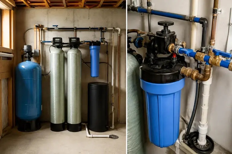 Household water-treatment vessels and filter housings connected to supply pipes
