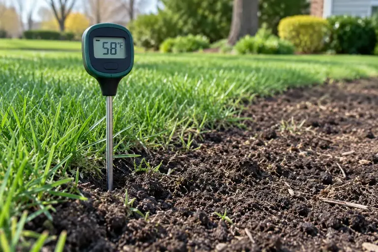 A soil thermometer measuring temperature at the edge of a lawn seedbed