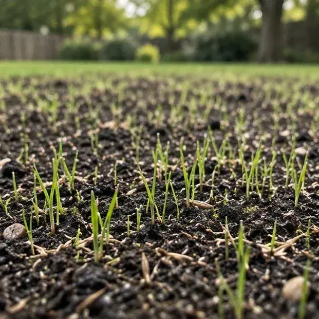 New grass seedlings establishing in prepared soil