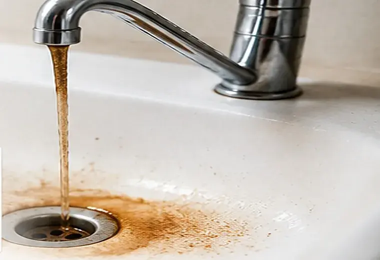 Discolored water running from a faucet into a stained sink