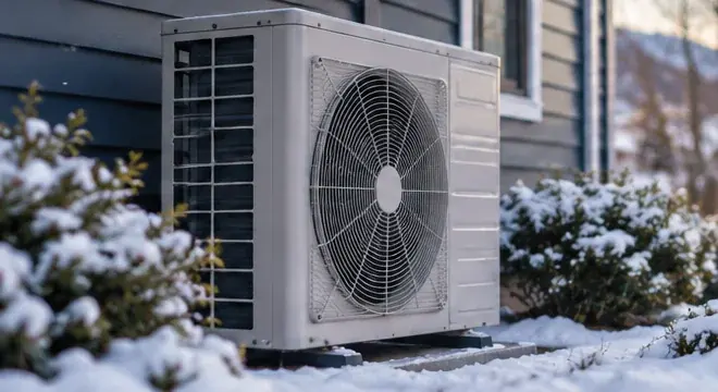 Outdoor heat-pump unit beside a home in winter