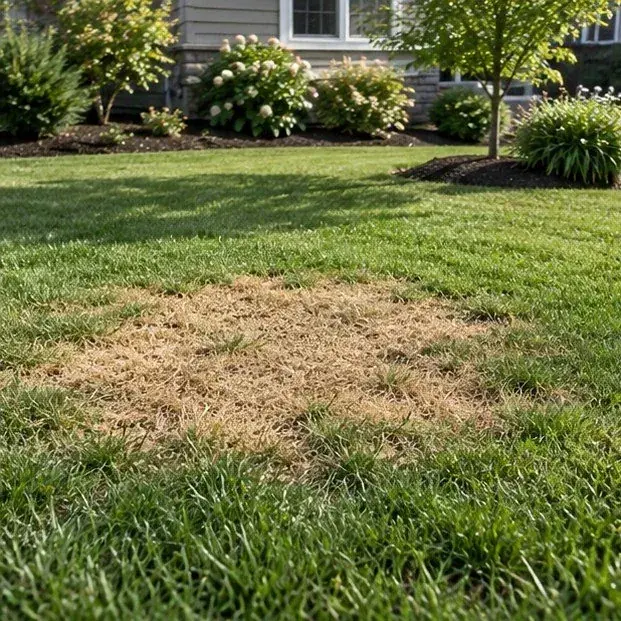 A brown patch surrounded by green lawn