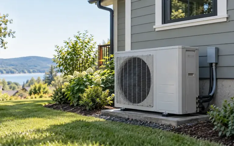 Heat-pump outdoor unit beside a landscaped home