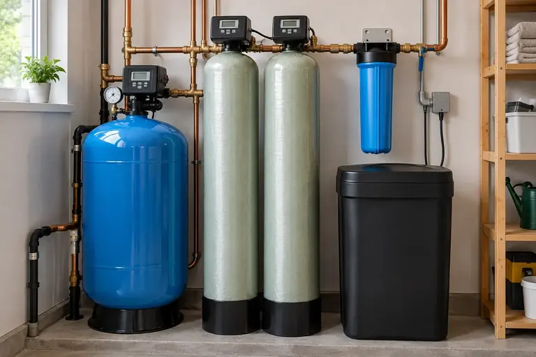 Whole-house water treatment equipment installed in a utility room